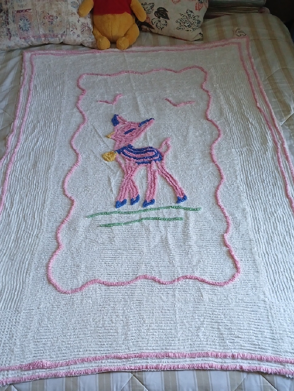 Vintage Chenille Deer Baby Blanket - Pink & Cream